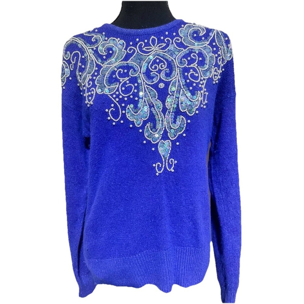 Vintage Blue Angora Maximalist Bling Sweater 1980's By Karen Scott Evening Sz S